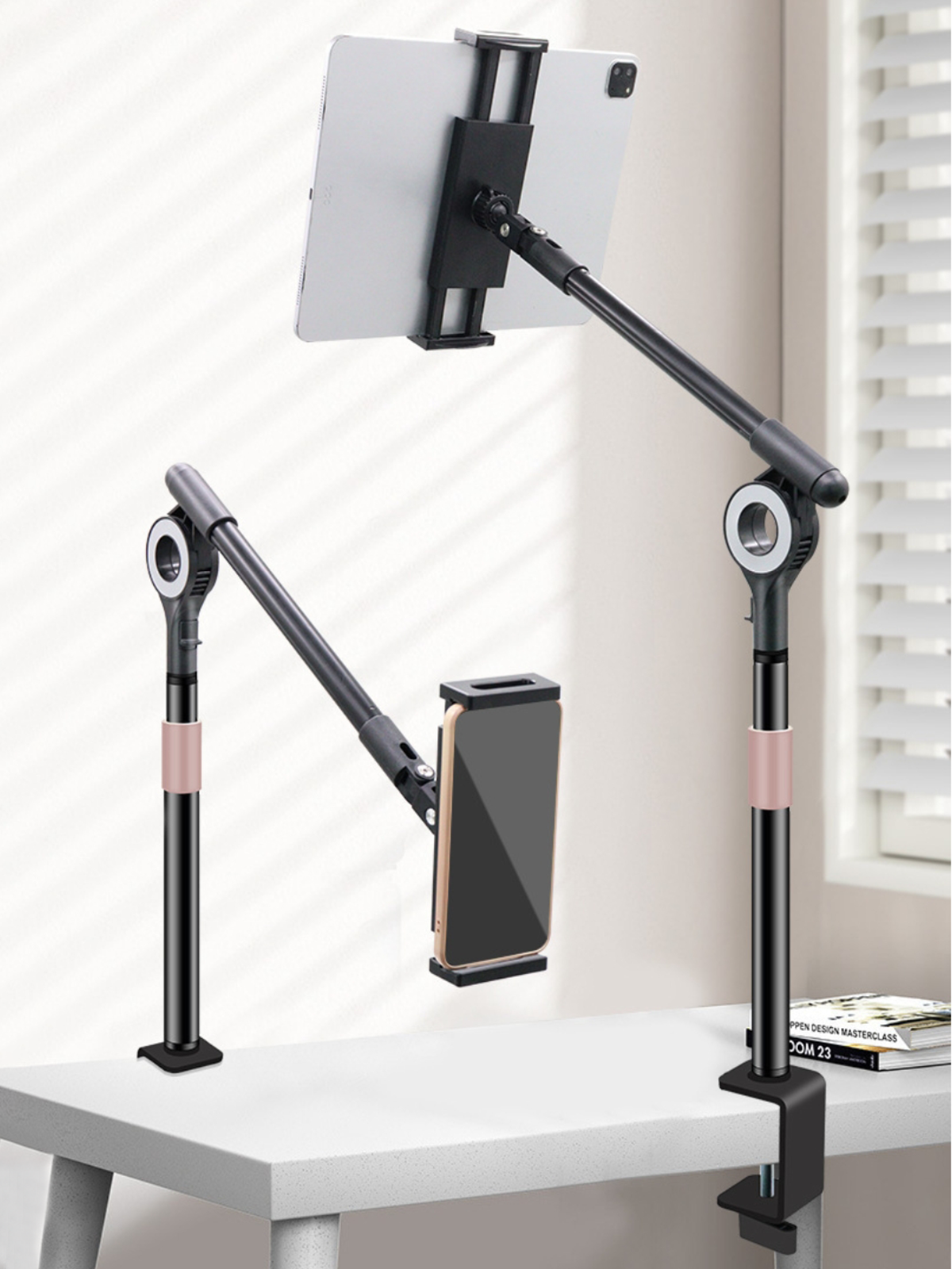 Держатель для планшета и телефона на металлической струбцине цвет черный