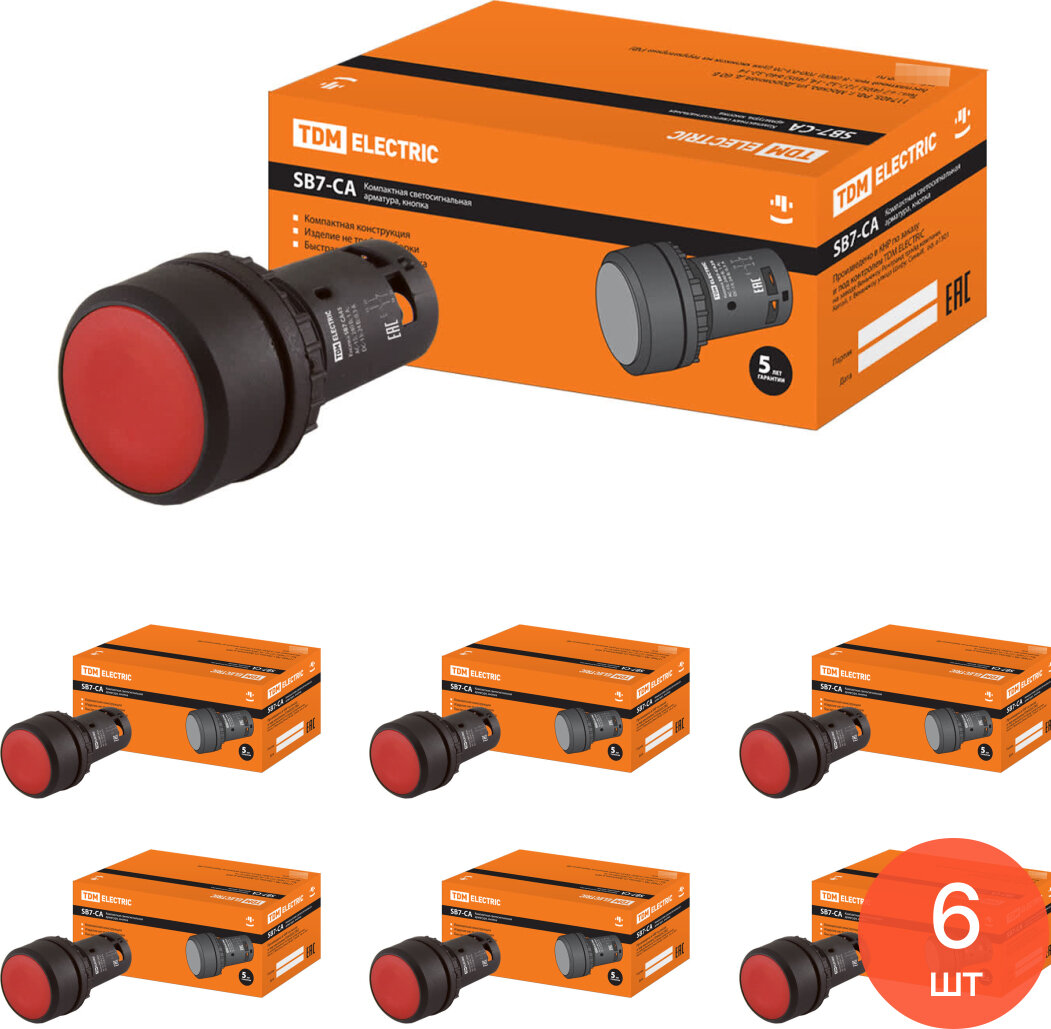 Кнопка управления TDM Electric / ТДМ Электрик SB7-CA45 с возвратом 1НО+1НЗ, красная, IP54, под отверстие диаметром 22мм, SQ0746-0012 / кнопочный пост (комплект из 6 шт)