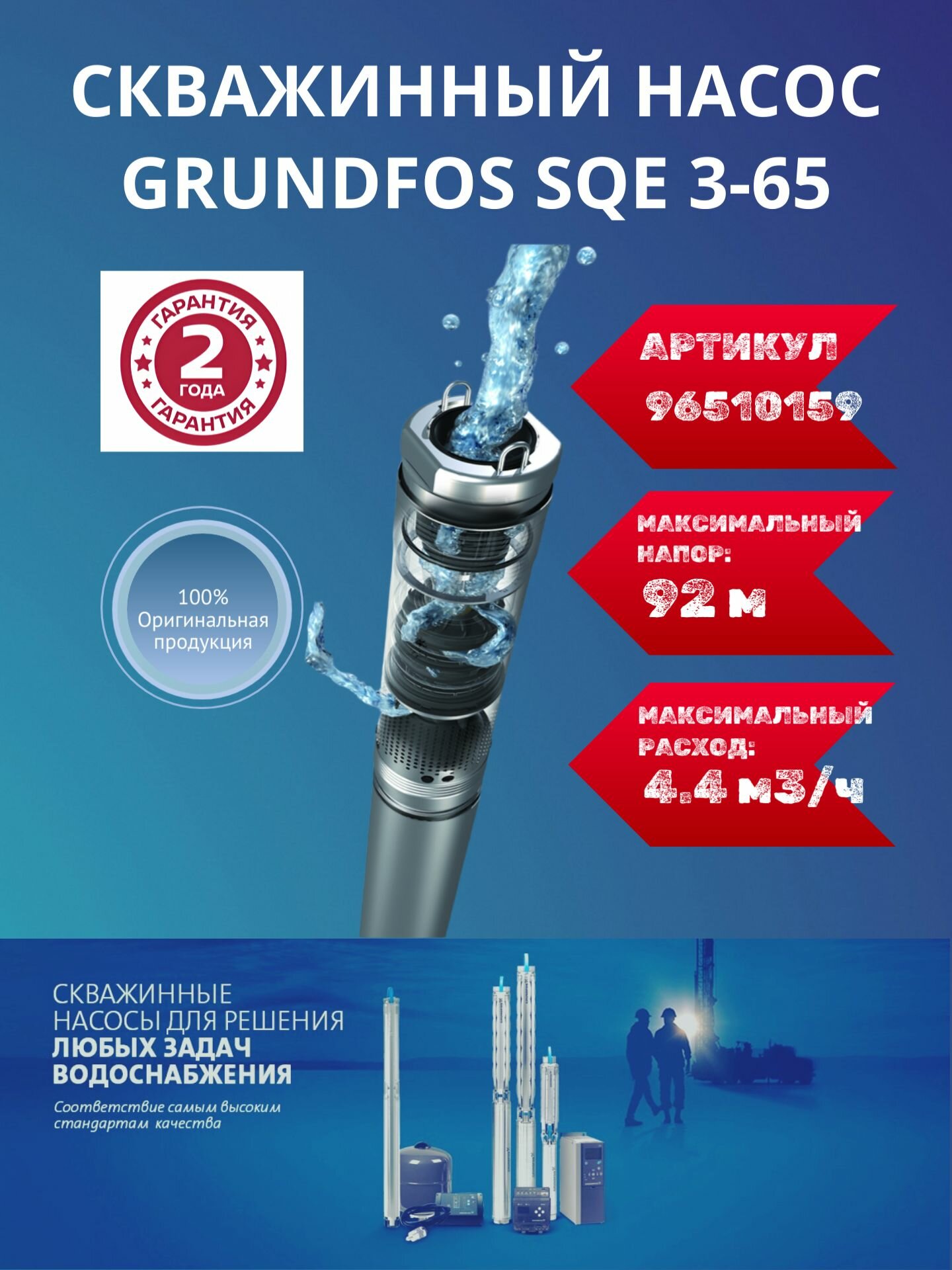 Скважинный насос Grundfos SQE 3-65 нержавеющая сталь 1680 Вт IP68