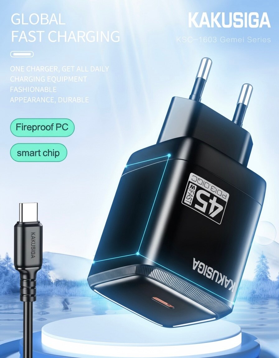 Быстрое зарядное устройство Kakusiga PD45W | Мощность 45 Вт | С кабелем Type-C | Адаптер для быстрой зарядки, черный