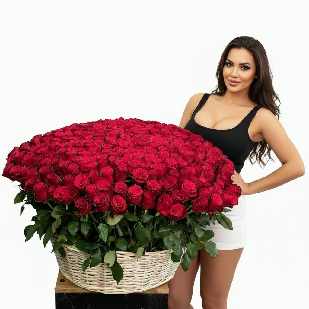 301 красная импортная роза с крупным бутоном (бордовая в плетеной корзине)