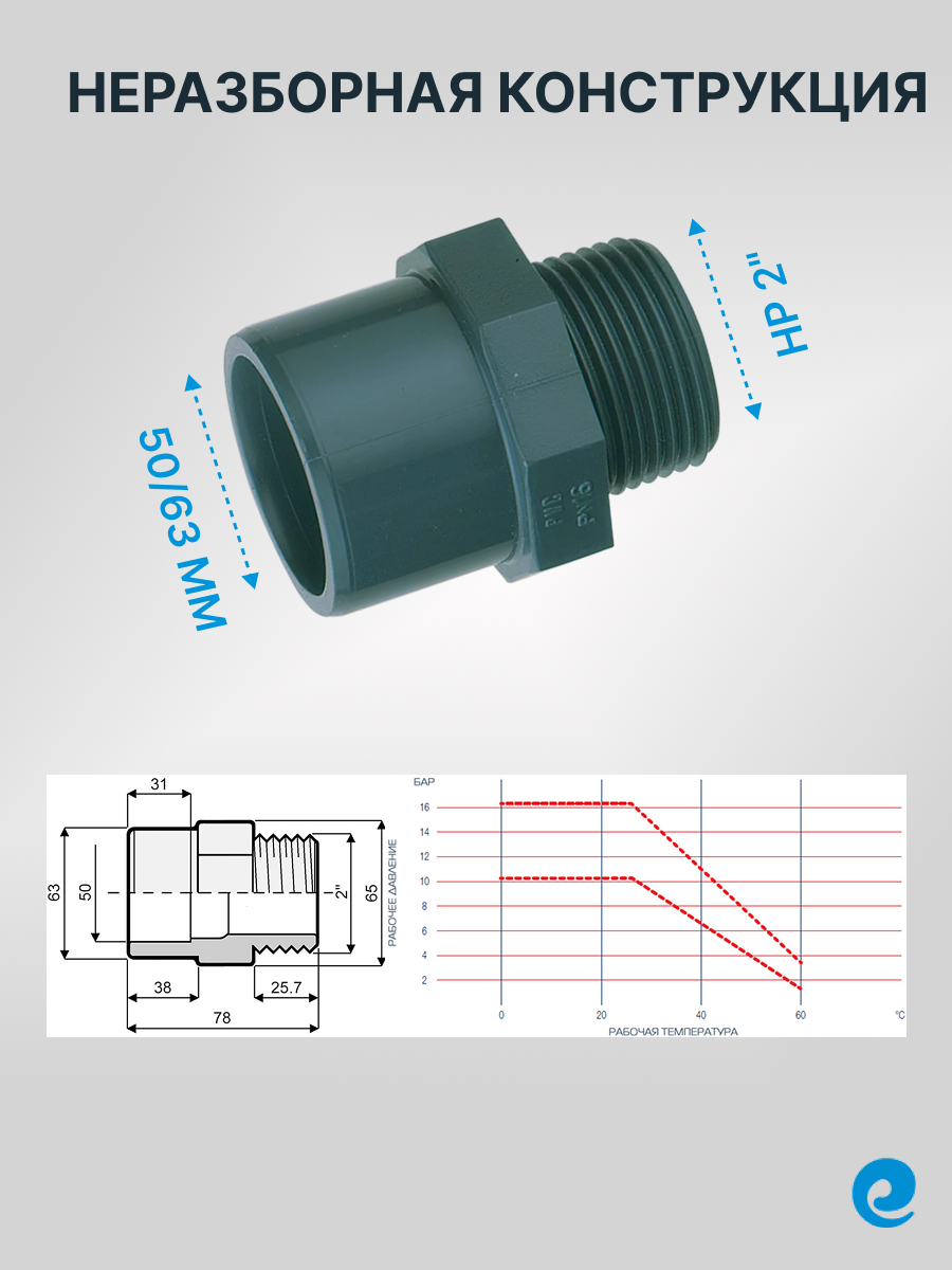 Ниппель клей-резьба д.63/50х2" (Европа) / Адаптер двойной муфтовый ПВХ — фото 1