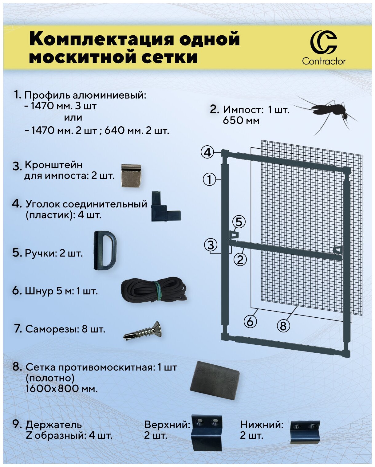 Москитная сетка на окно для самостоятельной сборки (профиль алюминиевый) 1530х700 мм - 2 шт., цвет антрацитовый - фотография № 3