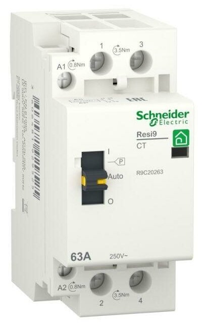 Контактор модульный RESI9 1P+N 63А 2НО 230/250В AC 50Гц SchE, SCHNEIDER ELECTRIC R9C20263 (1 шт.)