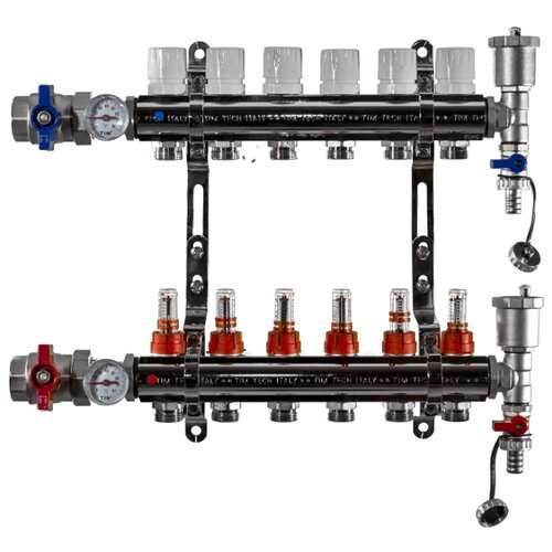 фото Коллекторная группа tim (ka006) 1", 6 вых., расходомер, воздухоотводчик, сливной кран, термометр