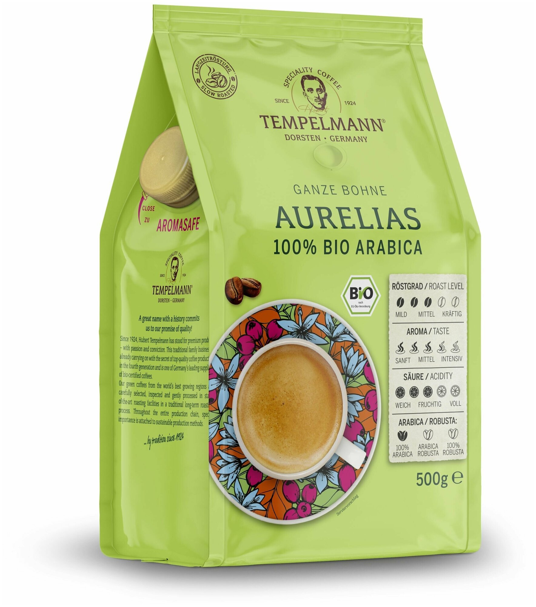 Кофе в зернах, Tempelmann Aurelias BIO Arabica 100%, 500 гр Германия