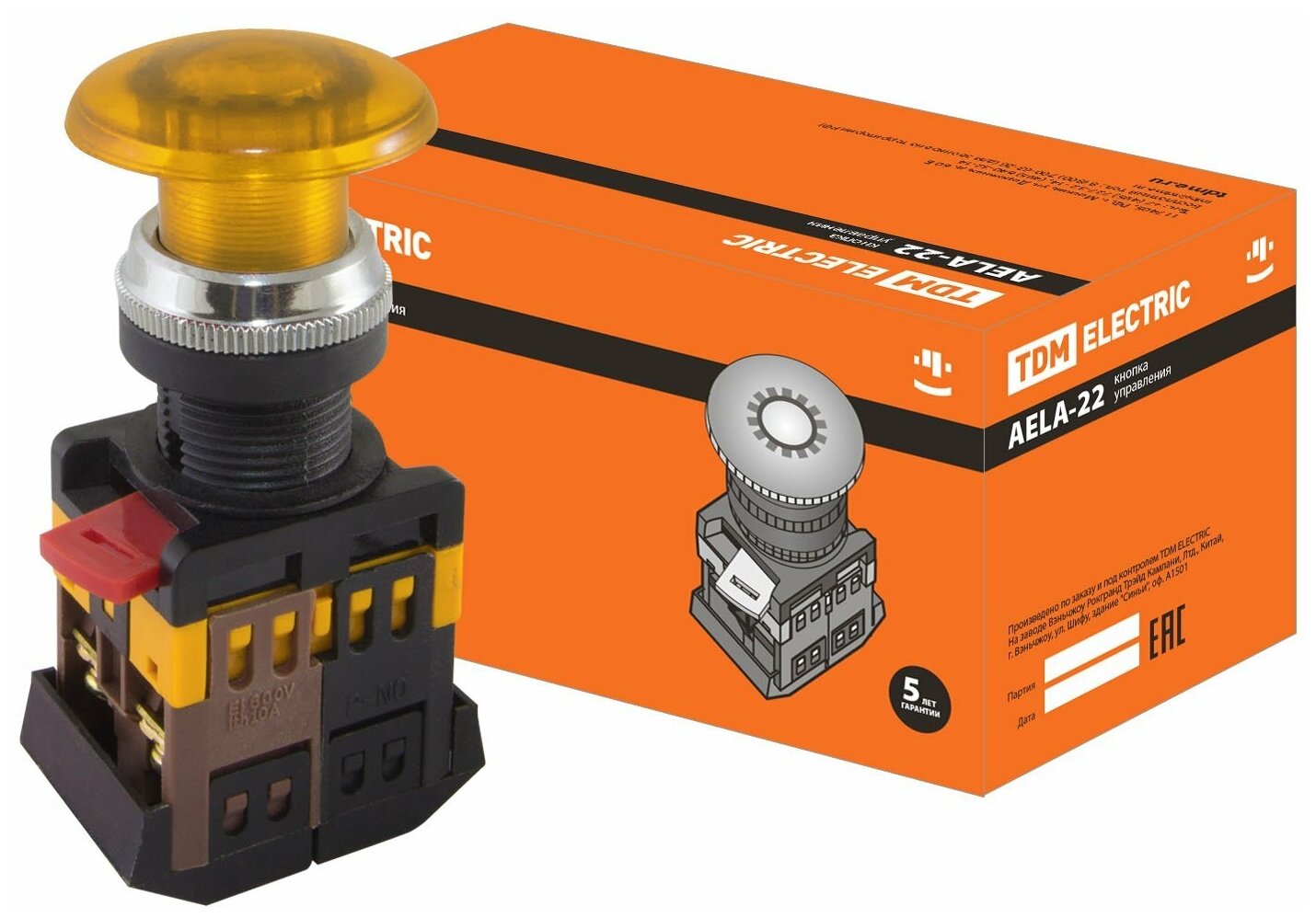 фото Кнопка TDM AELA-22 Грибок желтый d22мм неон/230В 1з+1р