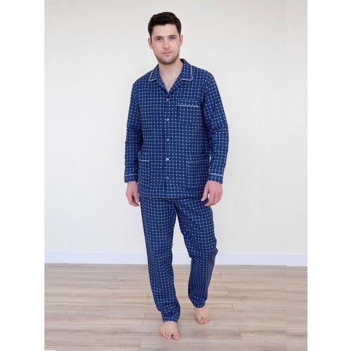 Пижама Lika Dress, рубашка, брюки, карманы, пояс на резинке, утепленная, размер 58, синий