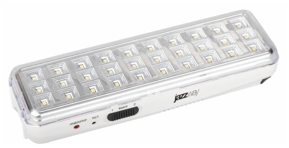 фото Светильник-фонарь светодиодный Accu9-L30-wh 30SMD яркий(300Лм)2ч/эконом(90Лм)6ч 220В/акк. Li-ion/3.7В/1200мАч аварийный бел. JazzWay 5024533