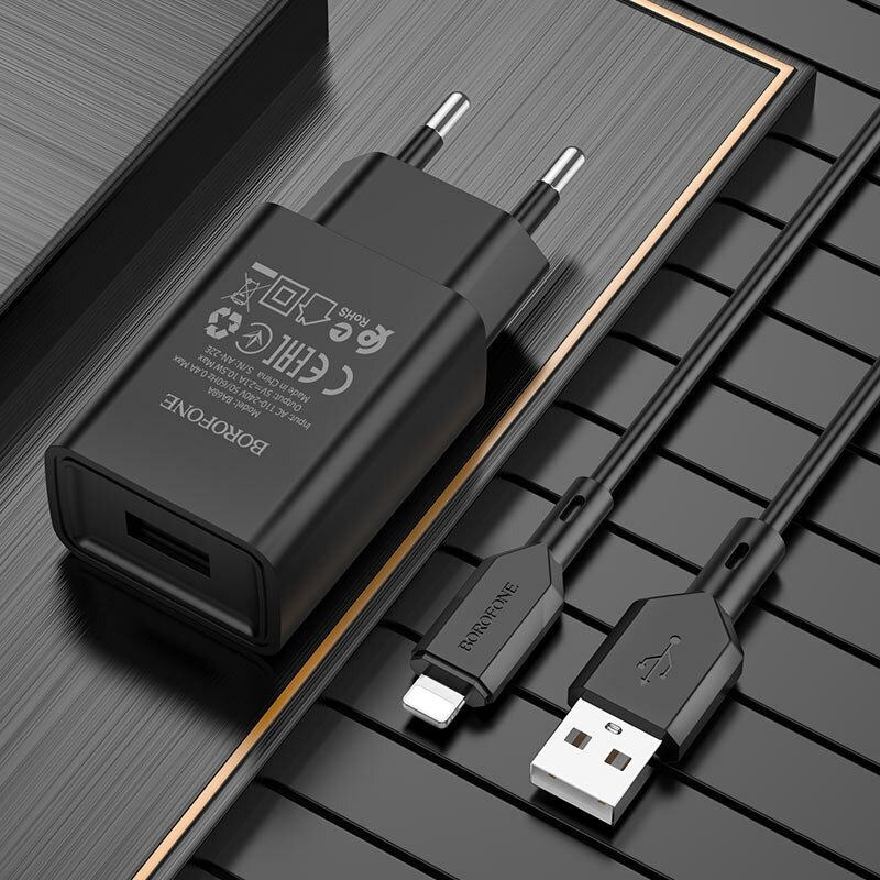Сетевое зарядное устройство c USB Borofone, BA68A,+Lightning, черное, 2.1A
