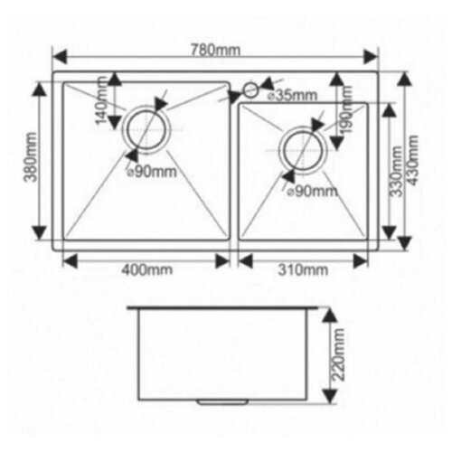 мойка кухонная gerhans k35050 50 х 50 нержавеющая сталь Мойка кухонная GERHANS K37843-S, врезная, двойная, 780х430х220 мм, с сифоном, S = 3.0 и 0.8 мм, глянцевая