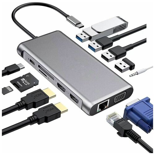 USB-концентратор с Type-C 2xHDMI | RJ-45 | VGA | 4xUSB 3.0 | AUX | Type-C | SD | TF | PD trumsoon type c to hdmi 4k vga usb 3 0 c cable for macbook ipad projector samsung s9 dex huawei p20 dock xiaomi projector tv