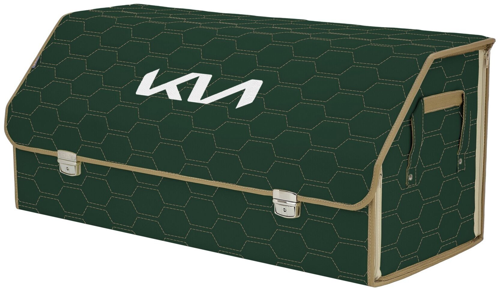 Органайзер-саквояж в багажник "Союз Премиум" (размер XXL). Цвет: зеленый с бежевой прострочкой Соты и вышивкой KIA (КИА).