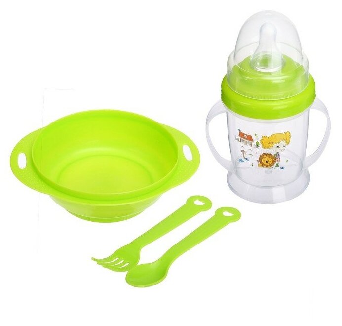 Крошка Я Набор детской посуды, 4 предмета: миска 200 мл, бутылочка для кормления 180 мл, ложка, вилка, цвета микс