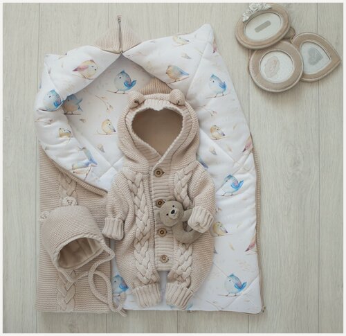 Изображение товара Зимний вязаный детский комплект на выписку, 3 предмета, 30% шерсть, MAMINY ZAPISKY, 62 размер (0-3мес), цвет латте