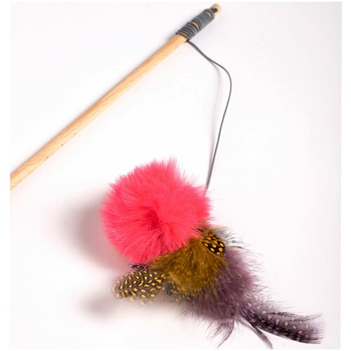 Удочка-дразнилка. Игрушка для кошек с шариком из искусственного меха, перьями и бубенчиком