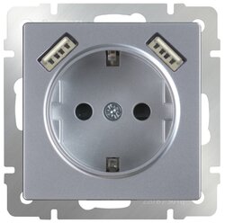 Розетка Werkel WL06-SKGS-USBx2-IP20, 16 А, с защитной шторкой, с заземлением, серебристый