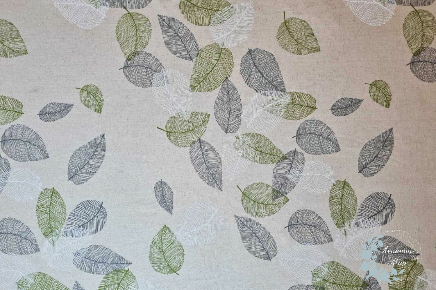 Ткань лен хлопок листья зеленые 1 метр