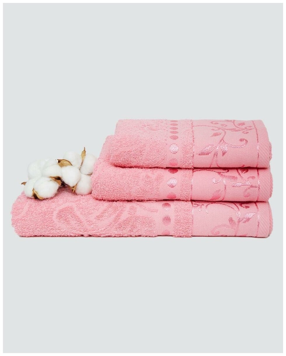 Набор махровых полотенец "Вышневолоцкий Текстиль" жаккард; 224 Розовый; Набор из 3 штук - фотография № 4