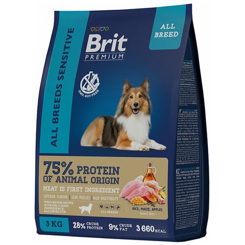 Brit Premium Dog Sensitive с ягненком и индейкой для взрослых собак всех пород с чувствительным пищеварением, 3кг, 1шт