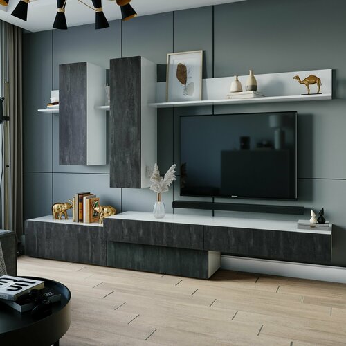Гостиная Фрида от ВНК-Мебель, с тумбой ТВ, нижними и верхними модулями, 271х44х190 см, цвет Белый/Обсидиан