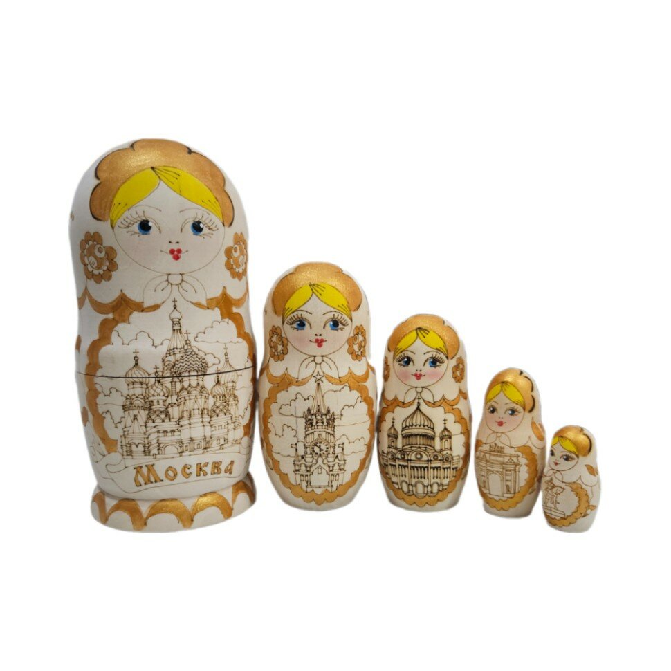 Подарки Матрешка "Московские виды" жженка (5 мест, 15 см)