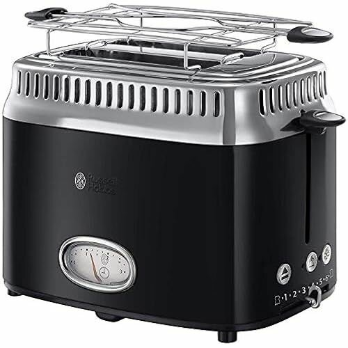 Тостер Russell Hobbs Ретро Черный Ретро Дисплей обратного отсчета, вкл. Насадка для булочек, тостер, черный класс энергопотребления A+