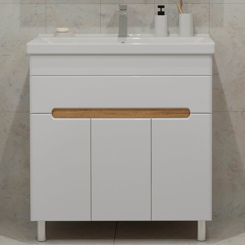 Изображение товара Тумба напольная SanStar Модена 80 с раковиной Фест 80 (комплект) для ванной комнаты, белая, дуб вотан