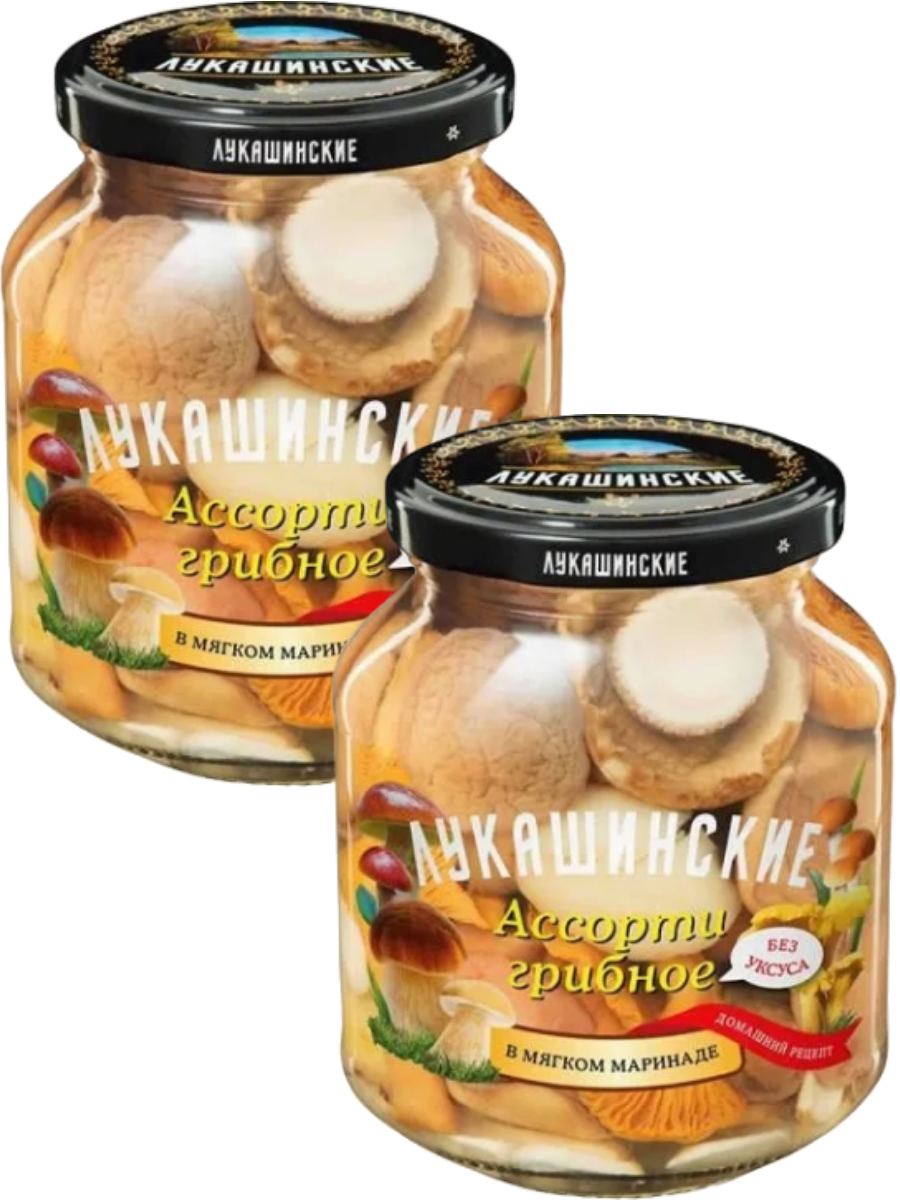 Грибы ассорти маринованное резанные Лукашинские 340 грамм*2штуки