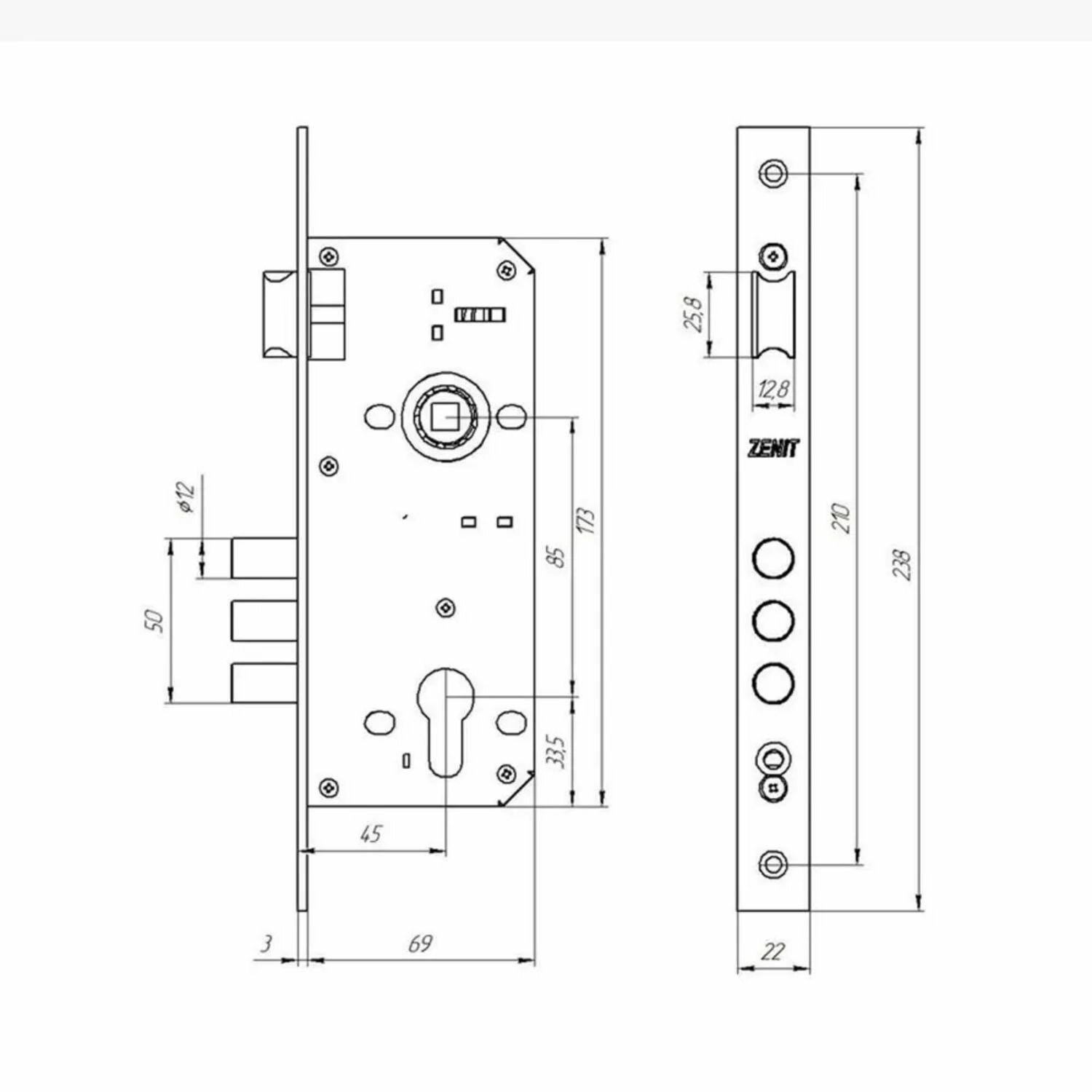 Замок врезной Зенит ЗВ4-85.3 (серебро), круглые ригели, вылет 19 мм — фото 1