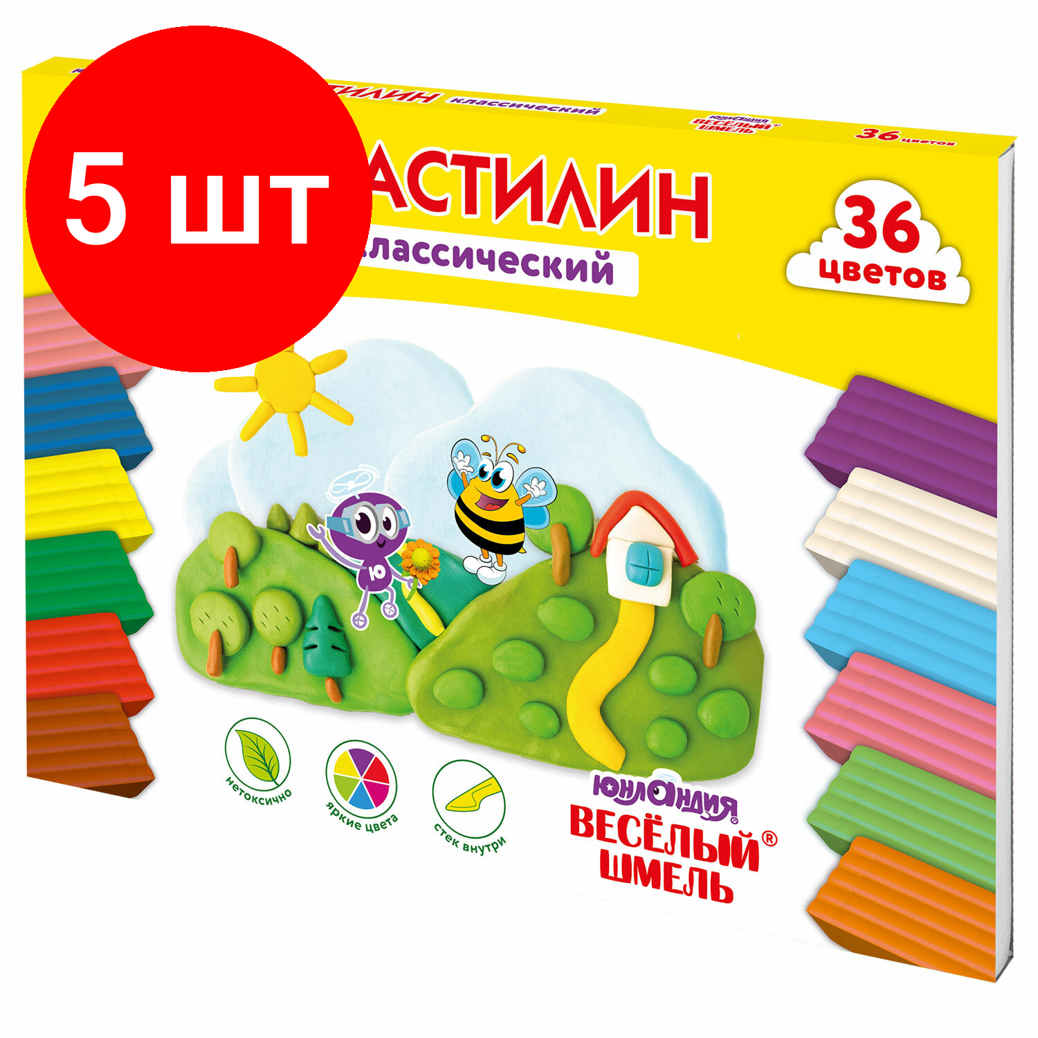 Комплект 5 шт, Пластилин классический юнландия "весёлый шмель", 36 цветов, 720 грамм, со стеком, высшее качество, 106434