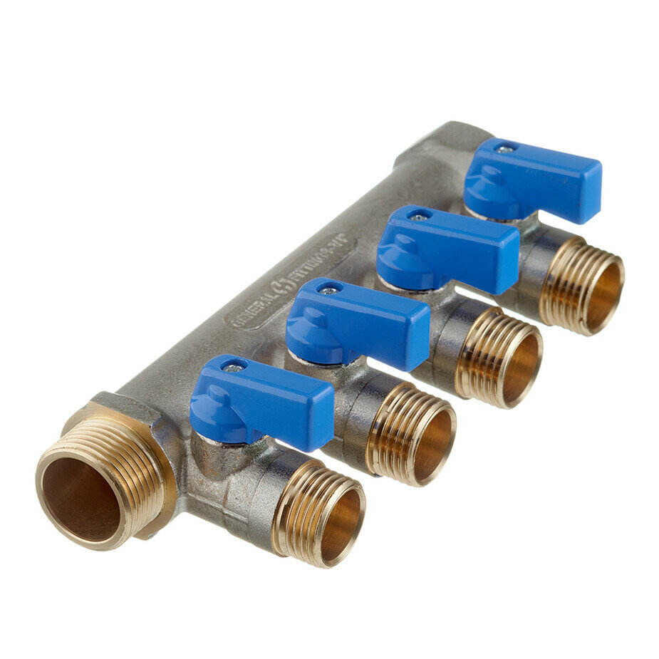 Коллектор (SMB 6211 341204) 3/4 ВР(г) х 4 выхода 1/2 НР(ш) х 3/4 НР(ш) с шаровыми кранами
