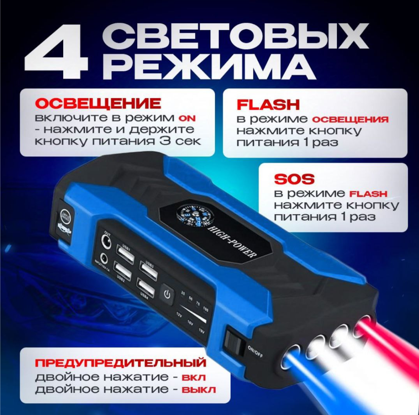 Пусковое портативное зарядное устройство для автомобиля / бустер пусковой автомобильный 28000 мA*ч — фото 1