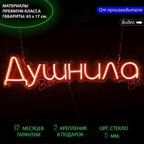 Изображение товара Неоновый светильник, неоновая светодиодная вывеска на стену, настенная лампа, надпись "Душнила", для дома, 65 х 17 см.