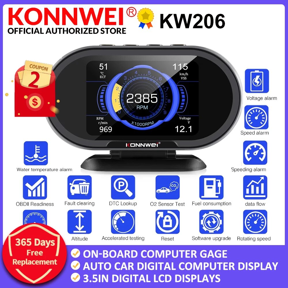 KONNWEI KW206 OBD2 бортовой компьютер Auto obd2 автомобильный цифровой компьютер сканер потребление топлива температура воды дисплей приборной панели