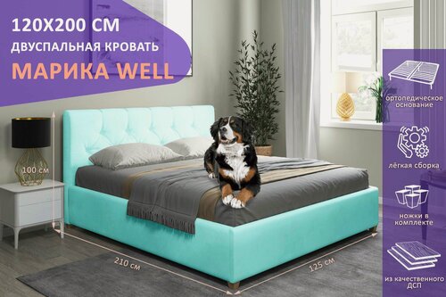 Изображение товара Двуспальная кровать Марика WELL 120х200 см, с ортопедическим подъемным механизмом, цвет голубой