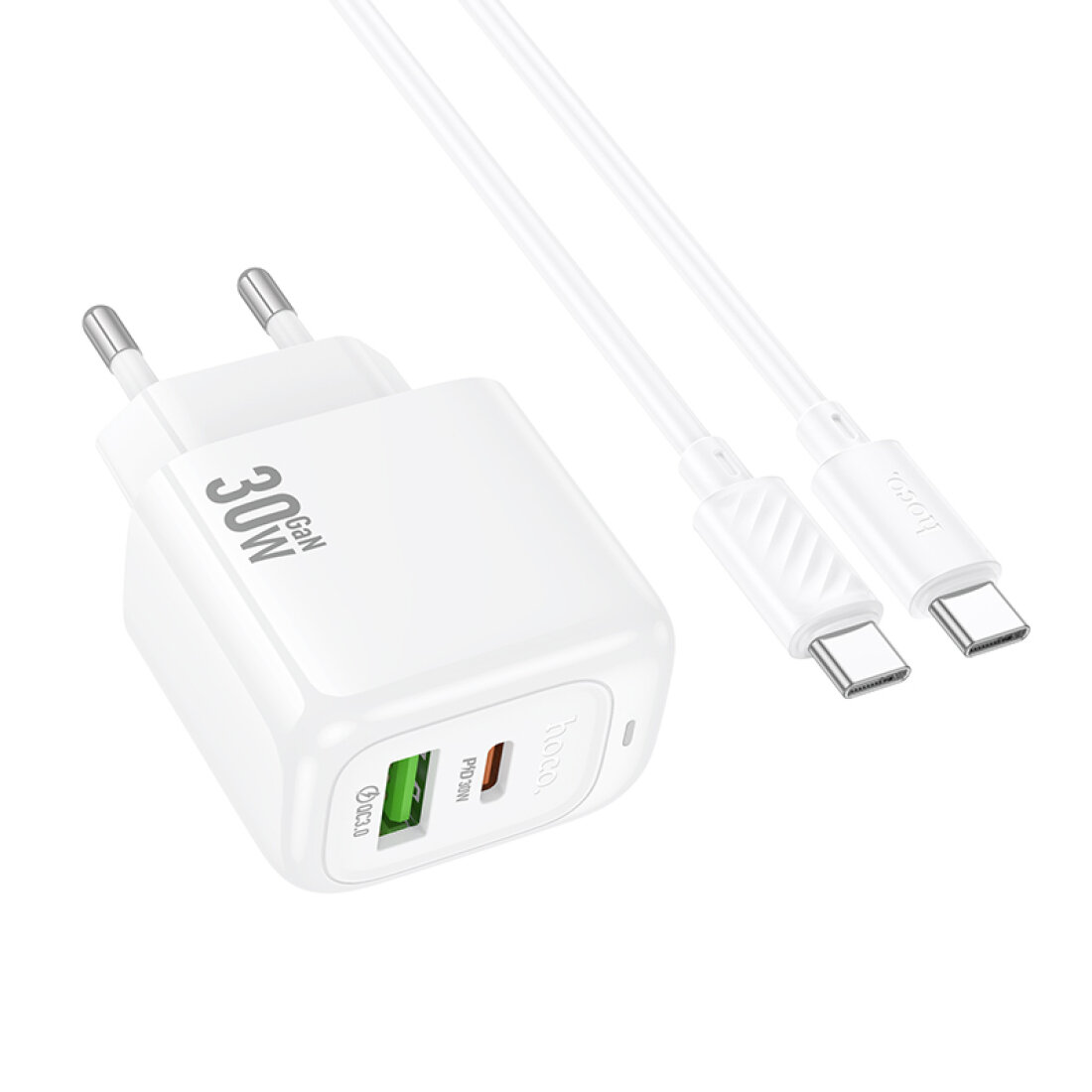 Сетевое зарядное устройство, 1 PD 30W + 1 USB 3.0 QC (CS55A), HOCO, Type-C to Type-C, белый — фото 1