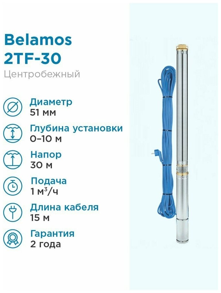 Насос скважинный Belamos 2TF-30/1 - 0,51 кВт (однофазный, Qmax 16 л/мин, Hmax 30 м, кабель 15м) фото