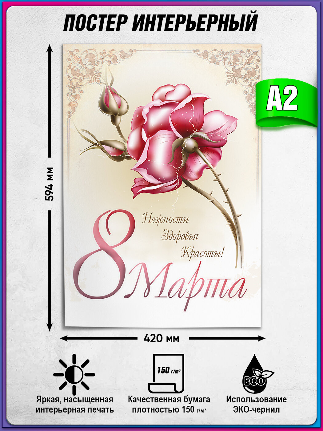 Постер с пожеланиями женщинам на 8 марта / А-2 (42x60 см.)