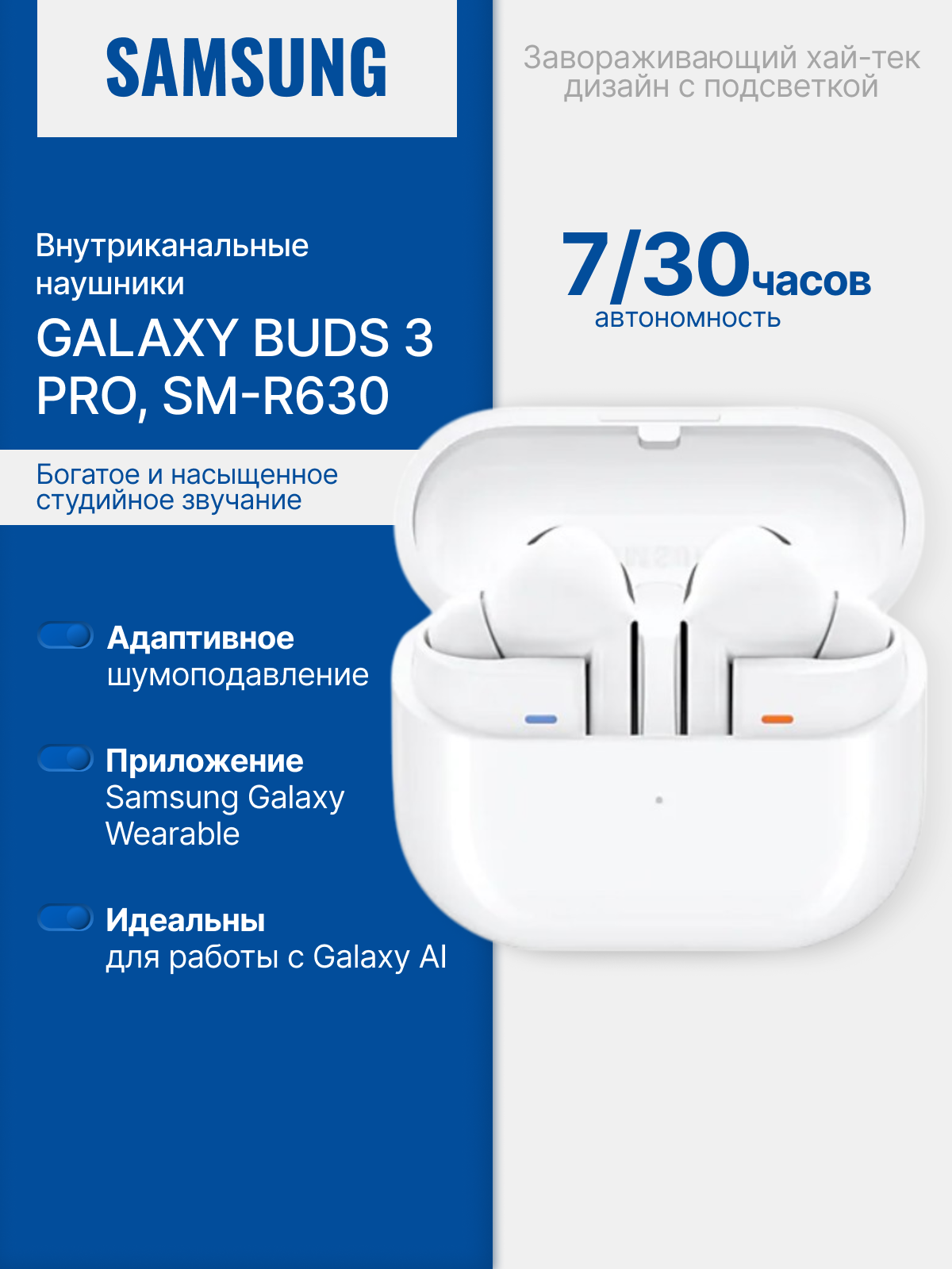Наушники беспроводные Samsung Galaxy Buds 3 PRO, R630, TWS, внутриканальные, белые