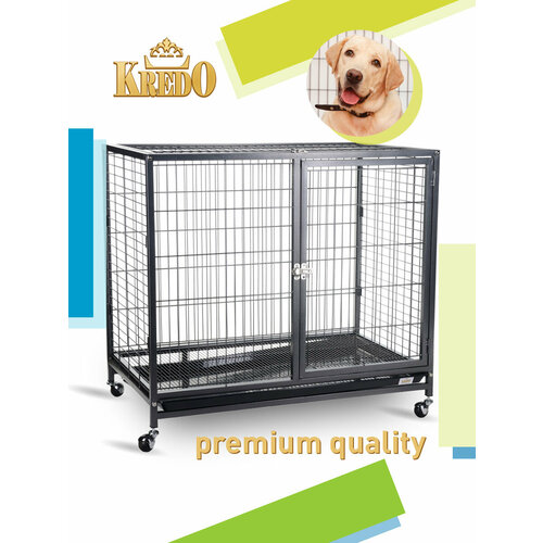 Клетка для собак и кошек Kredo 073, чёрная, на колёсах, две двери, поддон, разборная, прочная сталь, надёжные замки