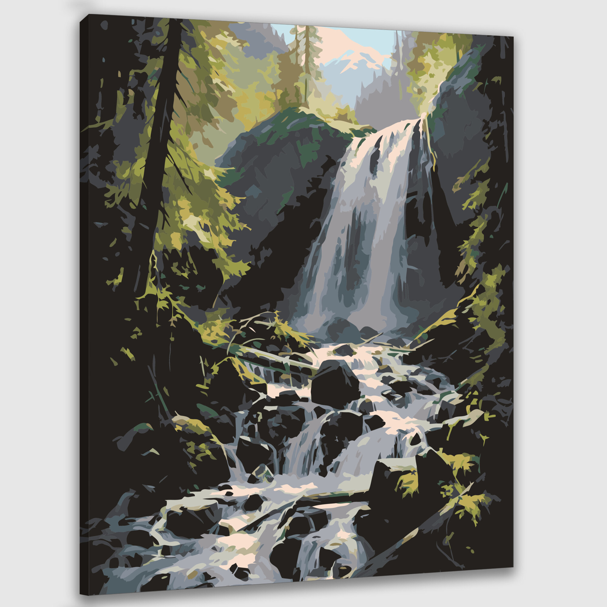 Картина по номерам 40x50 см, картина, масло, водопад, каскад, скалы, мох, лес, тропинка, листва, свет, тень