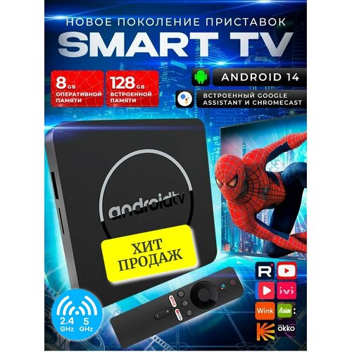 Смарт ТВ приставка для цифрового ТВ Медиаплеер UHD 8K ULTRA 8128 ГБ бесплатное телевидение Bluetooth пульт 250000₽