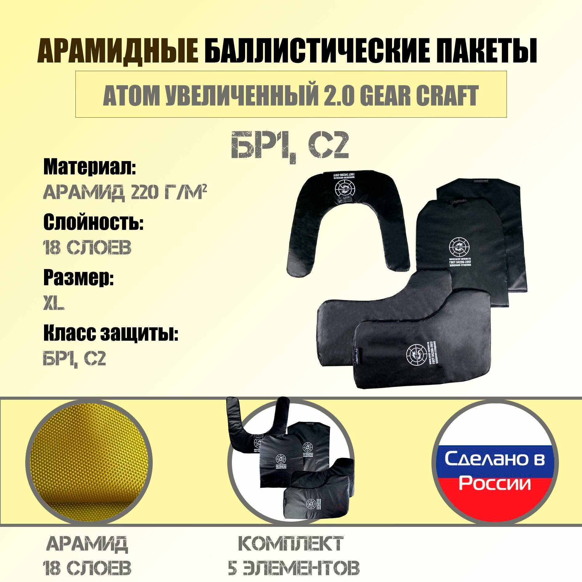 Бронепакет Wzor-Armor для бронежилета Gear Craft Атом 2.0 увеличенный, арамид, 18 слоев, размер XL, 5 элементов