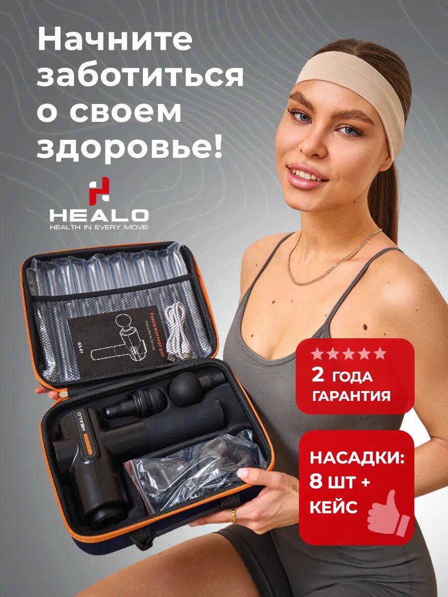 Массажер перкуссионный Healo, 15 мин работы, 8 массажных насадок, работает 2 часа, в чемодане