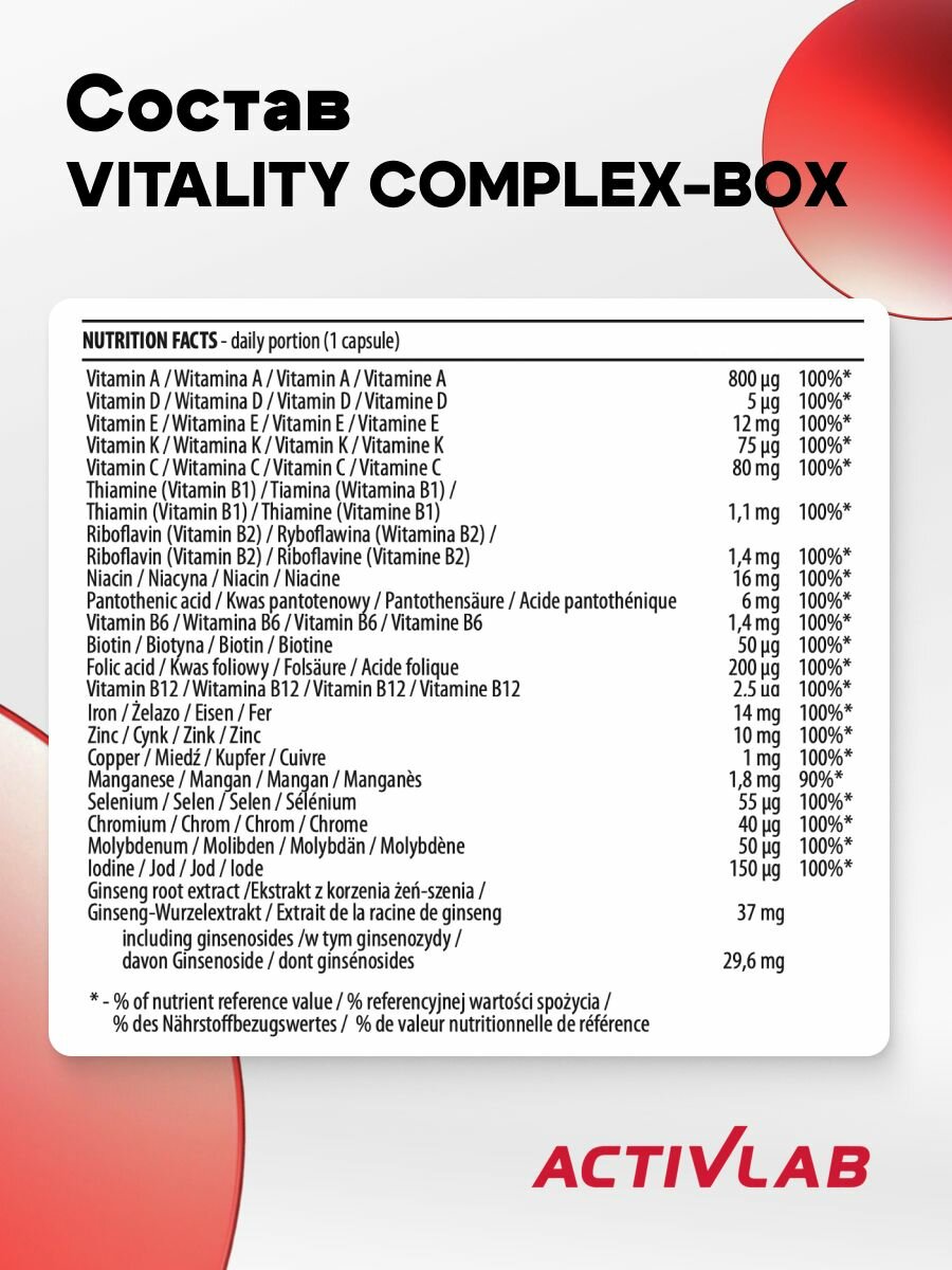 Витамины Бад Витамины для женщин 60 капсул Activlab / Vitality Complex-bох, БАД для мужчин комплекс