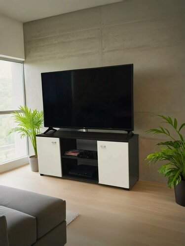 Изображение товара Тумба под телевизор напольная Смайл ТВ с доводчиками, с полками, с дверцами, закрытая, 111х34х51см, Венге/Белый Шагрень