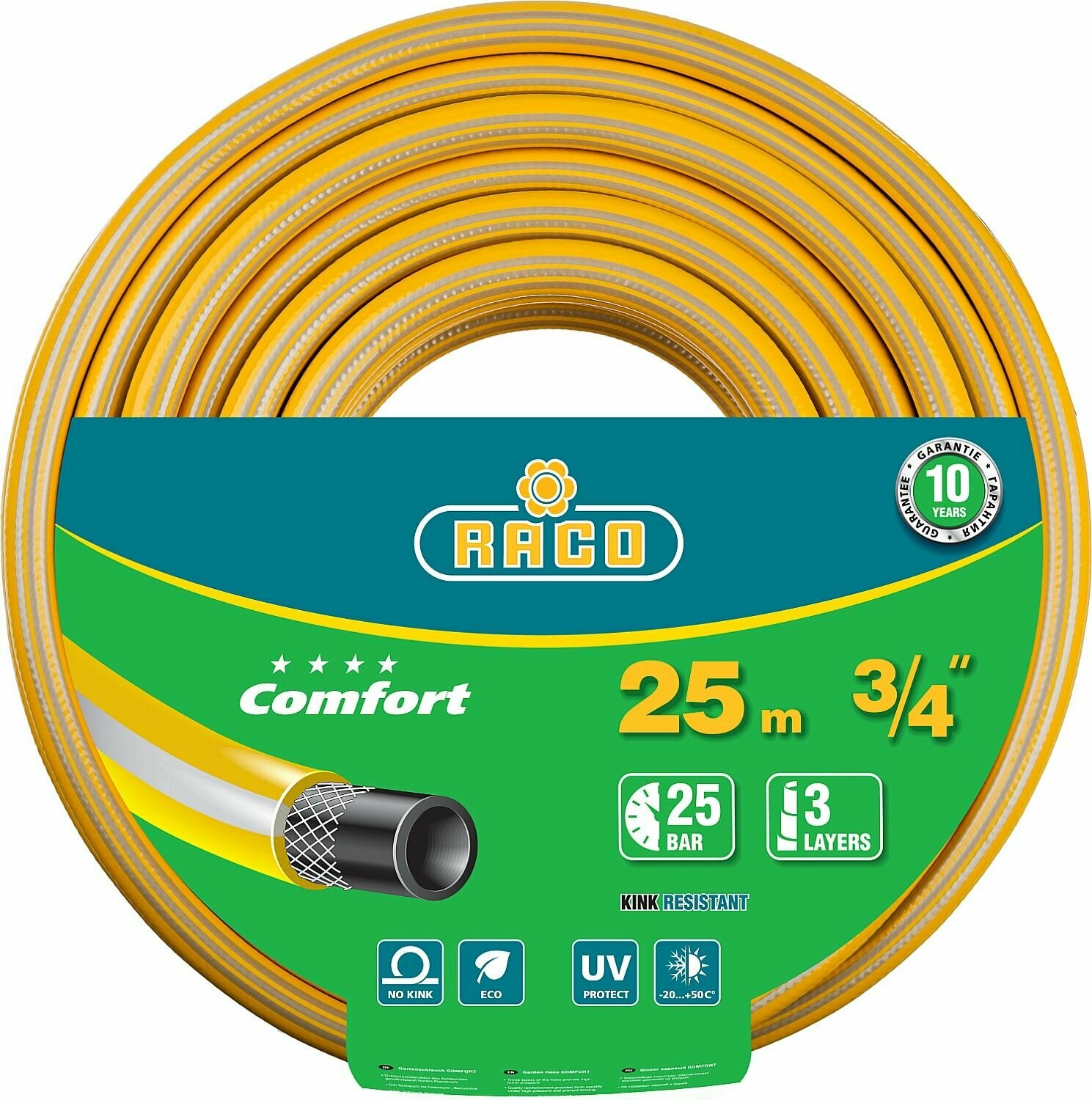 Шланг поливочный RACO COMFORT, 3/4", 25 м, 25 атм, трехслойный, армированный 40303-3/4-25_z01