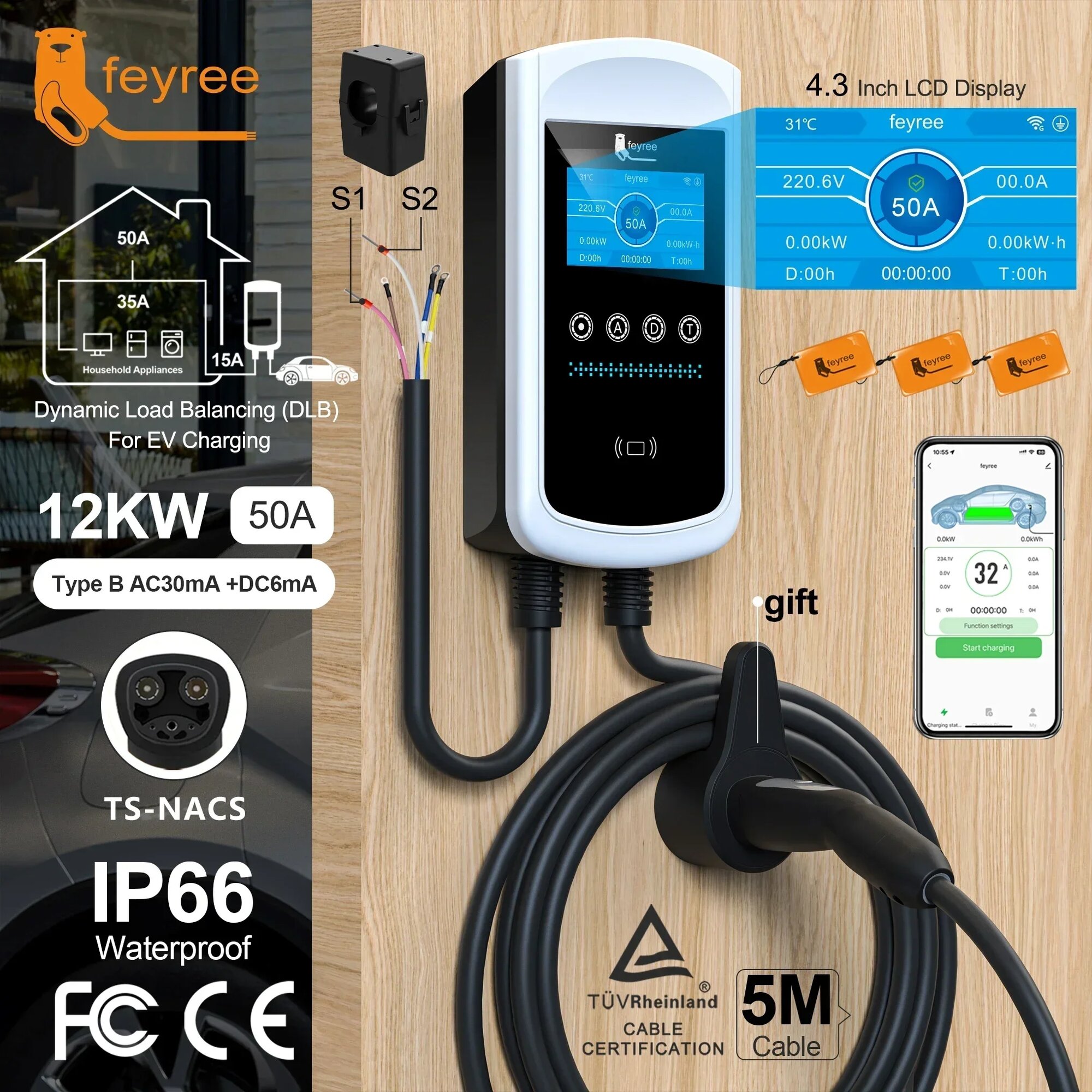 Feyree Зарядная станция для электромобилей с динамической нагрузкой 32A 7KW TS-NACS Разъем зарядного устройства Автомобильное зарядное устройство EVSE Wallbox 9,6KW 12KW Управление через приложение, 50A 12KW