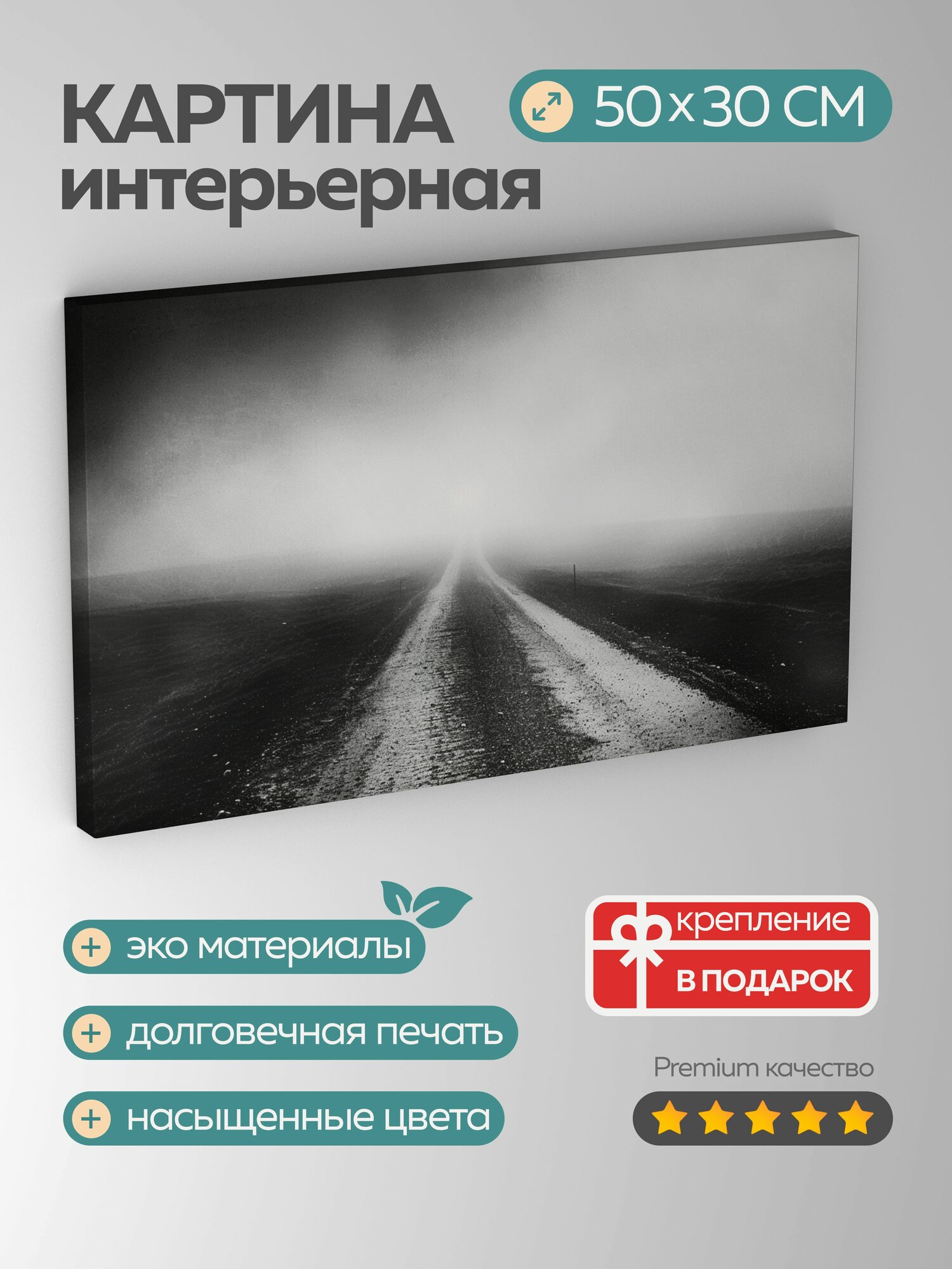 Картина на холсте интерьерная 50х30 см пустынная дорога черно-белая фотография туман горизонт одиночество